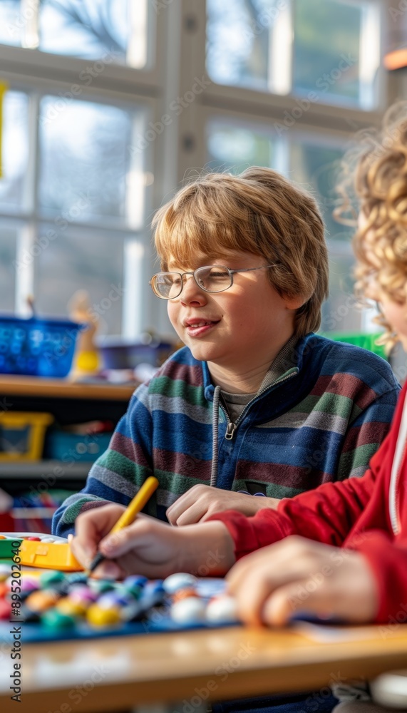 Poster blind student engaged in math lesson using adaptive tools with teacher support in inclusive classroo