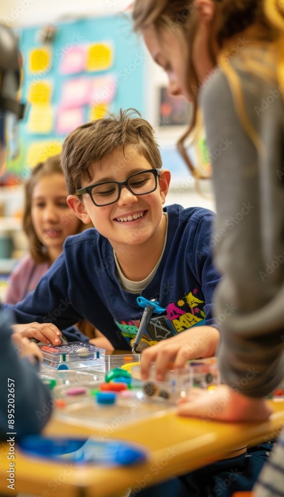 Aufkleber enthusiastic blind student engaging in science classroom group project with adaptive tools