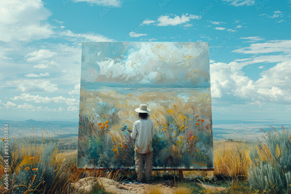 Poster a painter creating a landscape on a large canvas in an open field. concept of art and inspiration. g