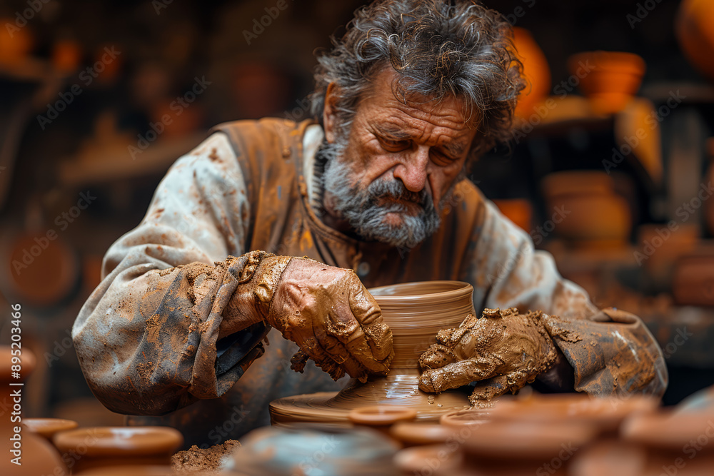 Sticker a potter shaping clay on a wheel, illustrating craftsmanship. concept of artisan work and creativity