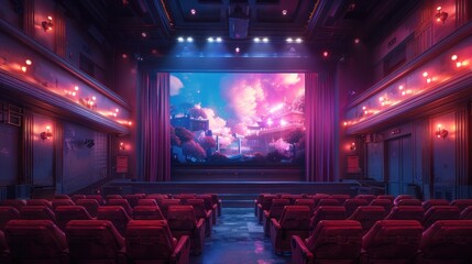 Empty Movie Theater with Fantasy Scene on Screen