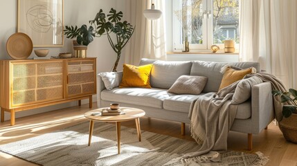 Chic boho living room with gray sofa, wooden coffee table, sideboard, and elegant accessories: honey yellow pillow and blanket. Cozy apartment decor
