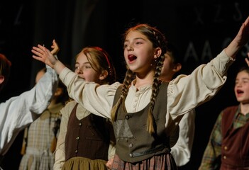 Students performing a play, dressed in period costumes, singing on stage