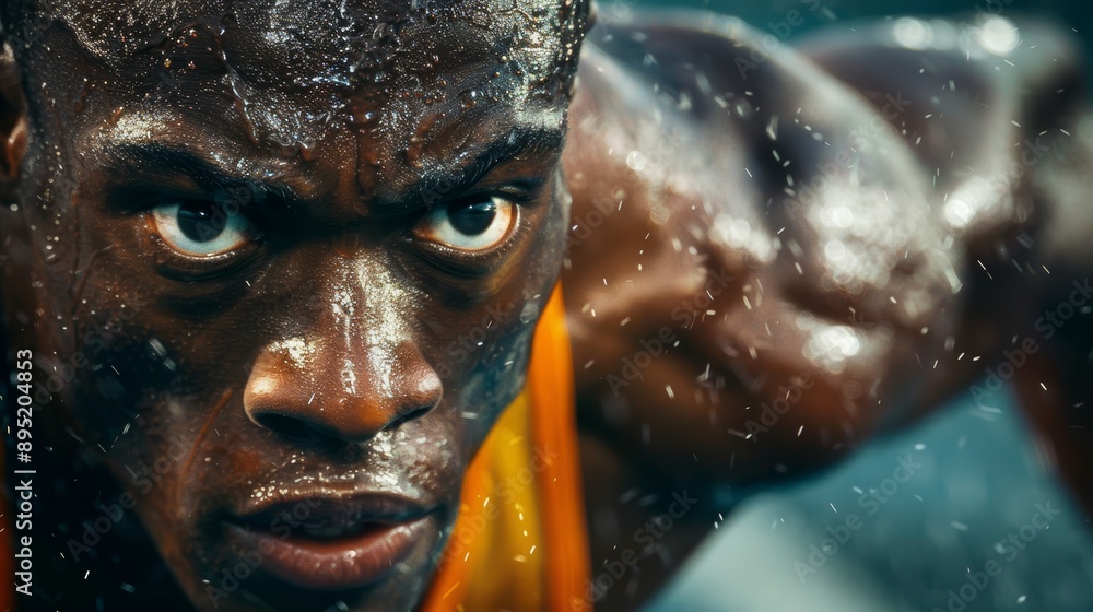 Poster intense expression of sprinter in final push to finish line, sweat and determination