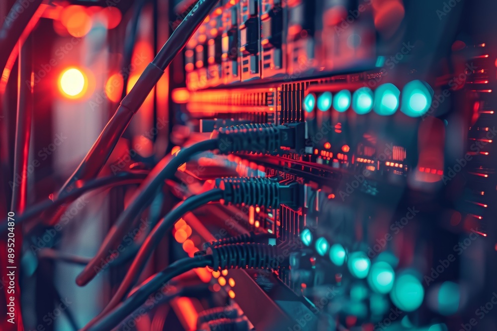 Poster close-up of neatly organized server rack cables in data center infrastructure for efficient data exc