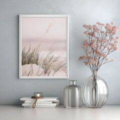 Aesthetic minimalist room interior design. Mockup picture frames. Mock up poster on the walls. Copy space. Clean scandi apartment for decoration. Neutral colors. Modern style.