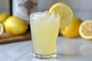 Refreshing Lemonade Drink with Lemon Slices and Ice Cubes