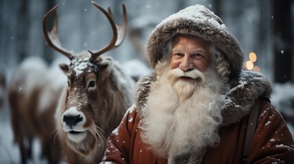 Fototapeta premium Santa Claus with reindeer in winter forest. Concept of new year celebration, Christmas celebration.