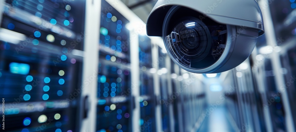 Poster high-tech efficiency: surveillance cameras ensuring data security in modern it server room