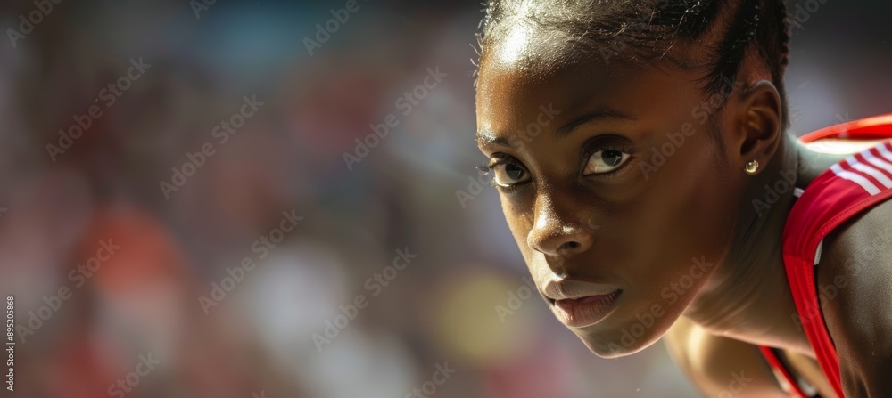Poster athlete's intense focus before sprinting at long jump event with blurred crowd background