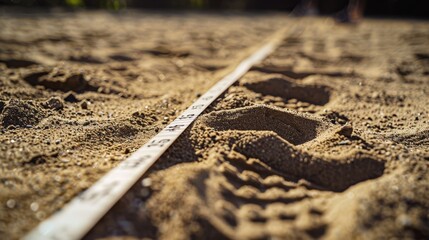 Long Jump Footprint Imprint with Measurement Tape on Sand Pit - Sports Training Concept