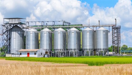 Digital ai photography of silos in wheat field for agricultural production storage