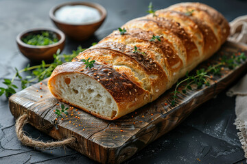 Naklejka premium A rustic wooden cutting board with a loaf of bread. Concept of culinary art and tradition. Generative Ai.