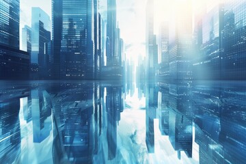 Fototapeta premium Futuristic smart city skyscrapers in modern financial district with reflections on blue background