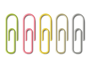 Realistic paper clip set. Colorful paperclips, white background. Vector. Colorful school supplies, vector illustration. Stationery