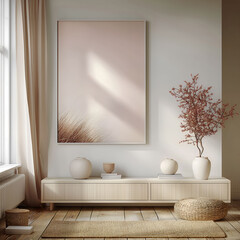Aesthetic minimalist room interior design. Mockup picture frames. Mock up poster on the walls. Copy space. Clean scandi apartment for decoration. Neutral colors. Modern style.