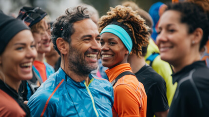 Diverse Group of Marathon Runners Laughing and Preparing at the Start Line