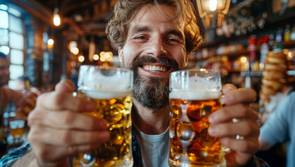 A man holding a mug of beer and German sausage smiles as he visits a bar or alehouse to unwind after a busy week, happily taking part in a celebration with beer and meat treats.