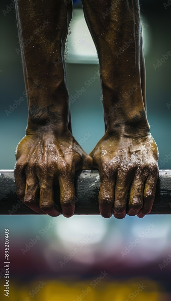Poster dynamic close-up of high jumper's hands setting up bar for next height in track and field event