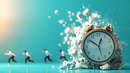 Fototapeta premium Group of people running away from a clock that is falling apart.