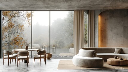 Modern Minimalist Interior Design with Foggy Forest View