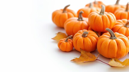 A bunch of orange pumpkins and a leafy green leaf