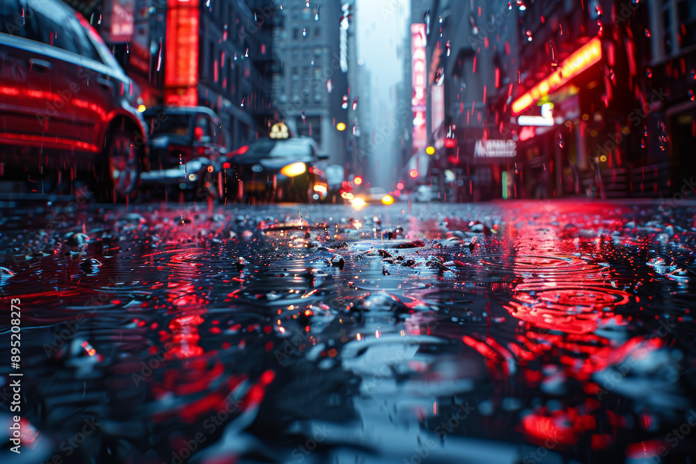 Wall mural heavy rain cascades down city streets, forming reflective puddles. concept of urban weather and rain