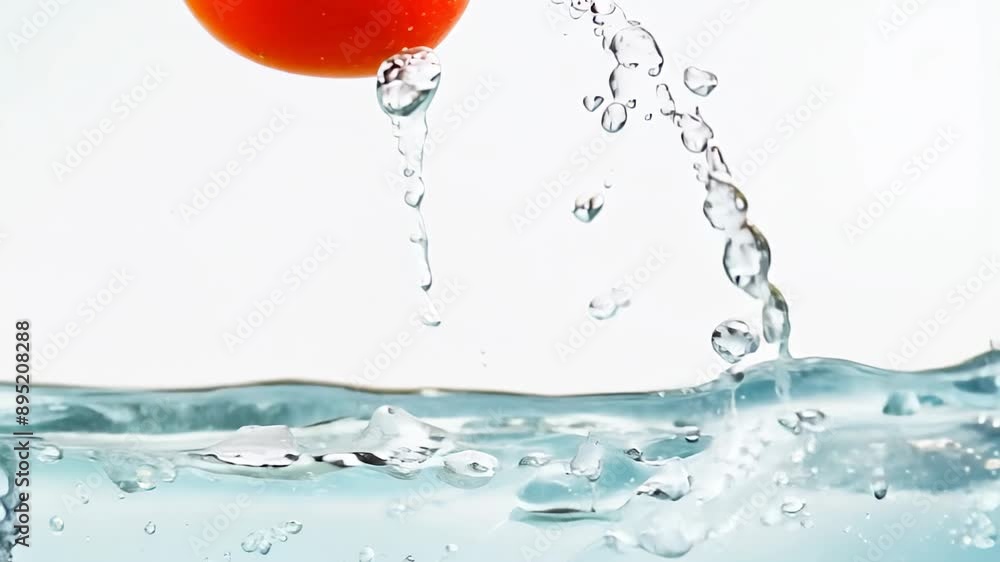 Poster red tomatoes fall into the water, creating a splash and splash on a light background.