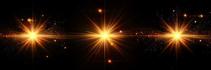 Naklejka premium Dynamic yellow Celestial Explosion set. Black Background with Glowing golden Sunburst, Digital Lens Flare, and Color-Adjusted Light Rays