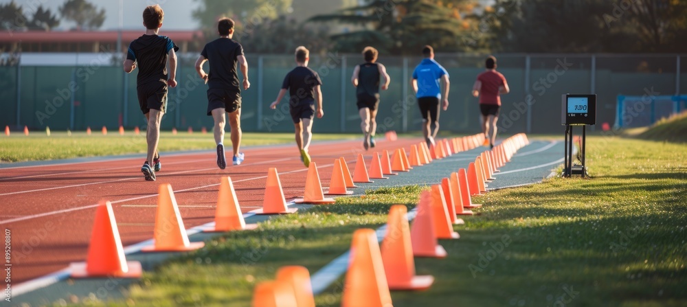 Poster racewalkers practicing speed drills on track with timer and cones for performance measurement