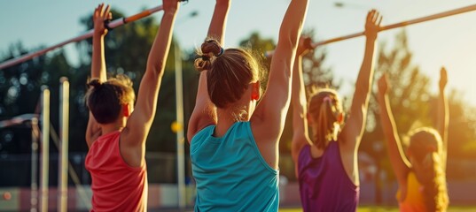 Fototapeta premium Young Pole Vaulters Stretching Together in Preparation for Teamwork and Athletic Performance
