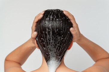 Naklejka premium Woman Washing Her Hair With Shampoo