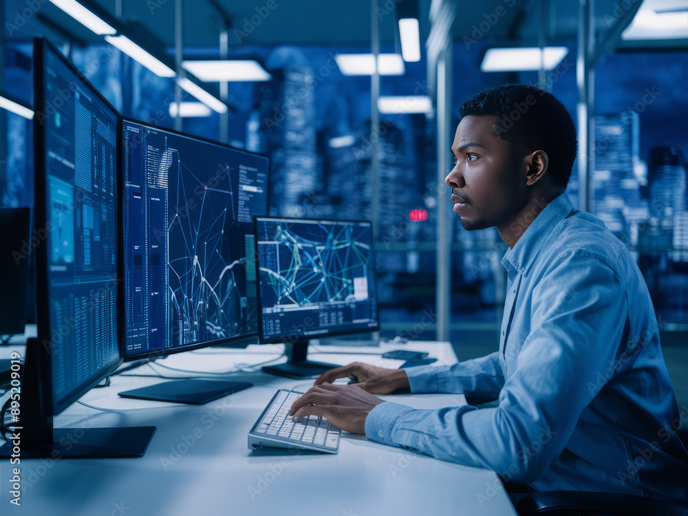 Poster cybersecurity analyst working on multiple monitors with data visualizations in modern office
