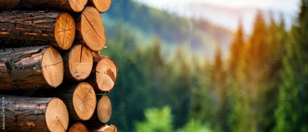 Poster stacked logs in a forest. generative ai