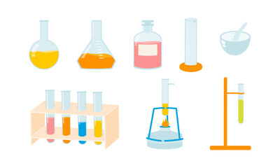 Back to school set with supplies illustrations for chemistry lessons: test tubes, bunsen burner, beaker, graduated cylinder. Colorful elements for school laboratory and science school subject