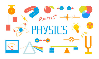 Set with physics lesson illustrations and lettering: magnet, atoms, elements, spectrum, light, formula, radiation, experiments. Back to school colorful elements for school science laboratory
