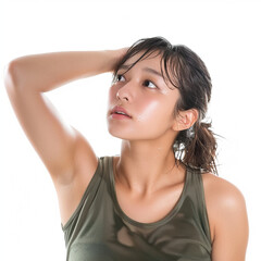 Naklejka premium Young Japanese woman holding her armpit with sweat isolated on white background, studio shot