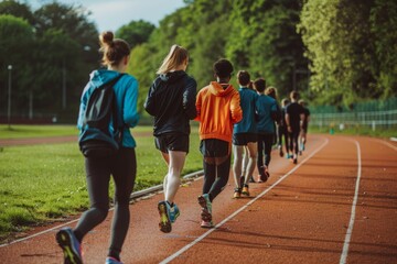 Energetic Group Racewalking on Local Track with Coach Guidance and Encouragement