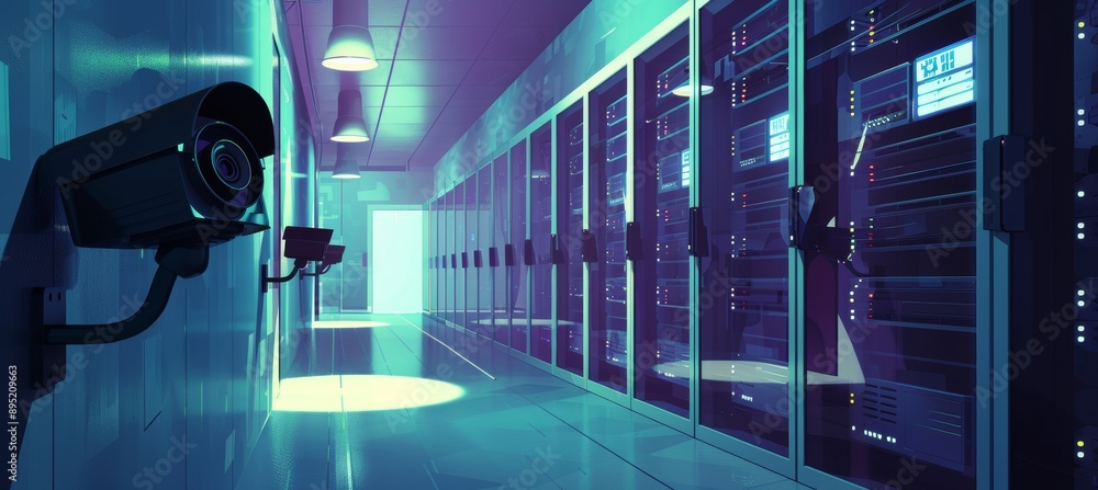 Poster high-tech data center with security cameras monitoring server rooms for information protection