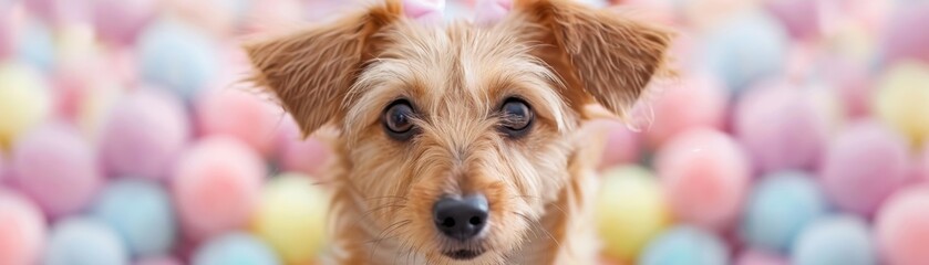 A dog is looking at the camera in front of a pile of colorful balls