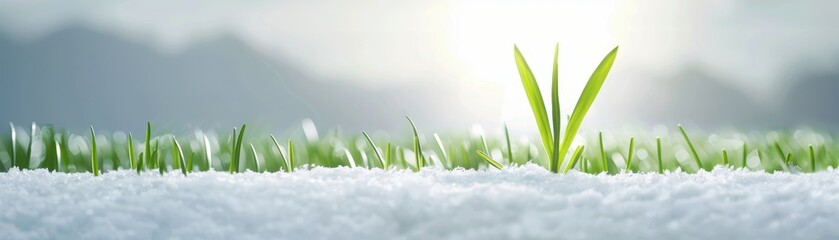 A small green plant is growing in the snow