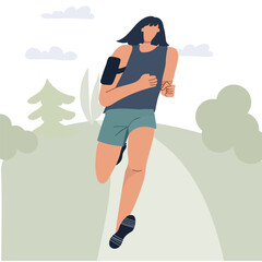 Jogging woman. Female running in park. Runner, jogger training, morning, evening cardio workout for endurance. Flat vector illustration isolated on white background