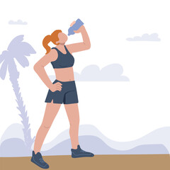 Female runner drinking water from a bottle. Hydration after sports training, outdoor exercise. Active outdoor runner standing with flask. Flat vector illustration isolated on white background