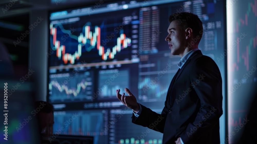 Poster expert trader presenting forex strategies in modern conference room with charts and graphs