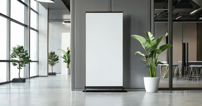 Customizable roll-up mockup poster standing in a modern office lobby, minimalism, light background. Roll up mockup poster