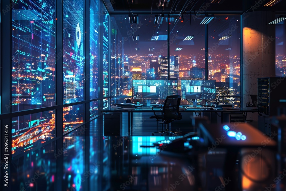 Poster nighttime data monitoring in modern office with tech professional overseeing multiple screens