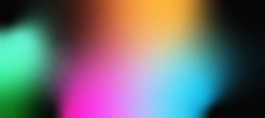 Grainy noisy abstract colorful gradient shape background, vibrant glowing rainbow orange green pink blue black noise texture banner design.