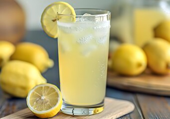 Glass of Lemonade with Lemon Slices and Ice