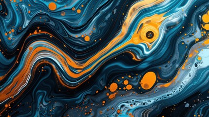 Fototapeta premium Abstract background featuring fluid colors in yellow and teal with swirling patterns and vibrant details, evoking a sense of motion and creativity.