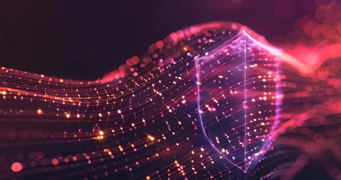Data protection ethics represented by a shield formed from flowing digital data lines. Digital ethics. Copyspace